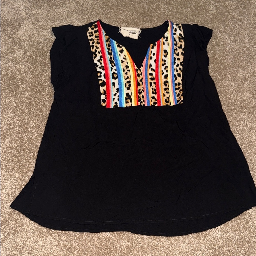 Savanna Jane Leopard Print Top with Rainbow Embroidery - medium. I